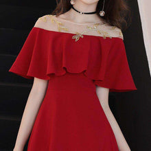 Load image into Gallery viewer, A line Evening Dresses Gold Embroidery Long Party Gowns Wine Red Boat Neck Ruffles Zipper Short Sleeve Formal Prom Dress E067 - Ole Misc.