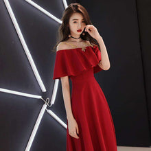 Load image into Gallery viewer, A line Evening Dresses Gold Embroidery Long Party Gowns Wine Red Boat Neck Ruffles Zipper Short Sleeve Formal Prom Dress E067 - Ole Misc.