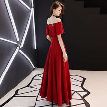 Load image into Gallery viewer, A line Evening Dresses Gold Embroidery Long Party Gowns Wine Red Boat Neck Ruffles Zipper Short Sleeve Formal Prom Dress E067 - Ole Misc.