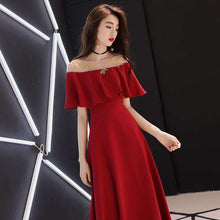 Load image into Gallery viewer, A line Evening Dresses Gold Embroidery Long Party Gowns Wine Red Boat Neck Ruffles Zipper Short Sleeve Formal Prom Dress E067 - Ole Misc.