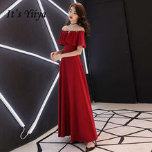 Load image into Gallery viewer, A line Evening Dresses Gold Embroidery Long Party Gowns Wine Red Boat Neck Ruffles Zipper Short Sleeve Formal Prom Dress E067 - Ole Misc.