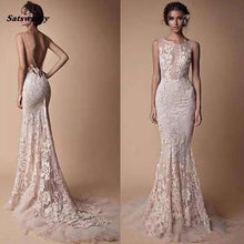 Load image into Gallery viewer, Berta Lace Applique Mermaid Bridesmaid Dresses Wear 2019 Sheer Neck Backless Full length Custom Make Fishtail Prom Pageant Gowns - Ole Misc.