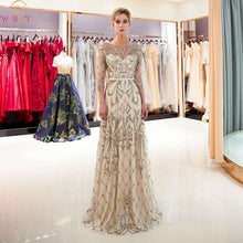 Load image into Gallery viewer, Champagne Mermaid Evening Dresses Elegant O Neck Three Quarter Sleeves robe de soiree Beaded Long Gowns Formal Party Dress 2019 - Ole Misc.