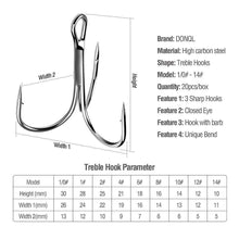 Load image into Gallery viewer, DONQL 20pcs/ Set Treble Fishing Hooks Carbon Steel Barbed Fishhooks Super Sharp Triple Hooks Sea Tackle Accessories with Box - Ole Misc.