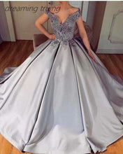 Load image into Gallery viewer, Elegant Silver Long Ladies Formal Dresses Evening Gown Short Sleeve Beading Lace Appliques Prom Party Dress Robes De Soiree 2019 - Ole Misc.