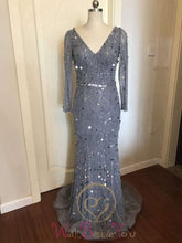 Load image into Gallery viewer, Gray Mermaid Beads Lace Evening Dresses 2019 V Neck Sequins Party Gowns Three Quarter Sleeves Luxury Beading Formal Party Dress - Ole Misc.