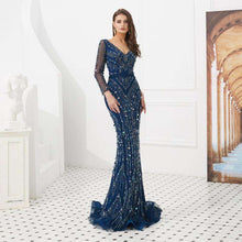 Load image into Gallery viewer, Gray Mermaid Beads Lace Evening Dresses 2019 V Neck Sequins Party Gowns Three Quarter Sleeves Luxury Beading Formal Party Dress - Ole Misc.