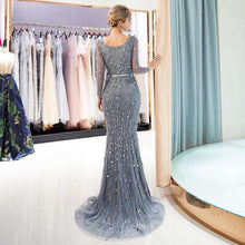 Load image into Gallery viewer, Gray Mermaid Beads Lace Evening Dresses 2019 V Neck Sequins Party Gowns Three Quarter Sleeves Luxury Beading Formal Party Dress - Ole Misc.