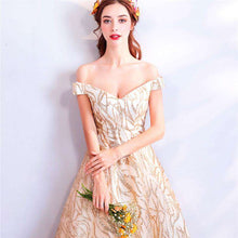 Load image into Gallery viewer, It's YiiYa Evening Dress 2019 Gold Off Shoulder Boat Neck Women Party Floor length Dresses Lace Up Sequins Formal Dresses LX813 - Ole Misc.
