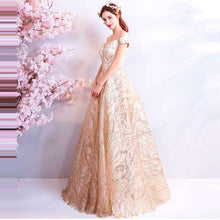 Load image into Gallery viewer, It's YiiYa Evening Dress 2019 Gold Off Shoulder Boat Neck Women Party Floor length Dresses Lace Up Sequins Formal Dresses LX813 - Ole Misc.