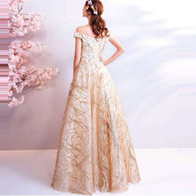 Load image into Gallery viewer, It's YiiYa Evening Dress 2019 Gold Off Shoulder Boat Neck Women Party Floor length Dresses Lace Up Sequins Formal Dresses LX813 - Ole Misc.