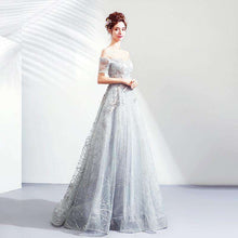 Load image into Gallery viewer, It's YiiYa Evening Dress Flowers Embroidery Gray Party Gown Shining Glitter Pearls Beading Boat Neck Wedding Formal Dresses E196 - Ole Misc.