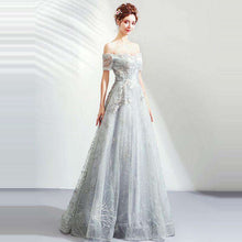 Load image into Gallery viewer, It's YiiYa Evening Dress Flowers Embroidery Gray Party Gown Shining Glitter Pearls Beading Boat Neck Wedding Formal Dresses E196 - Ole Misc.