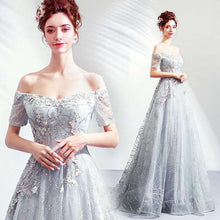 Load image into Gallery viewer, It's YiiYa Evening Dress Flowers Embroidery Gray Party Gown Shining Glitter Pearls Beading Boat Neck Wedding Formal Dresses E196 - Ole Misc.