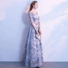 Load image into Gallery viewer, It's YiiYa Evening Dress Gray Floral Print Embroidery Formal Dresses O neck Half Sleeve A line Floor length Party Gown  E039 - Ole Misc.