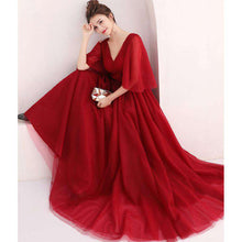 Load image into Gallery viewer, It's Yiiya Evening Dresses 2019 Burgundy Sexy V Neck Half Sleeve Floor Length Dresses Elegant Women Party Formal Dresses LX918 - Ole Misc.