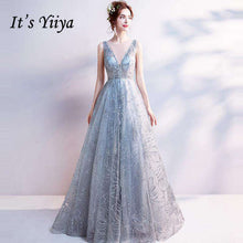 Load image into Gallery viewer, It's Yiiya Light Gray V Neck Luxury Evening Dresses Bling Sequined Floor Length Famous Designer Party Formal Dress LX264 - Ole Misc.