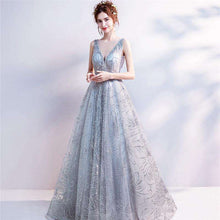 Load image into Gallery viewer, It's Yiiya Light Gray V Neck Luxury Evening Dresses Bling Sequined Floor Length Famous Designer Party Formal Dress LX264 - Ole Misc.