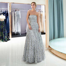 Load image into Gallery viewer, JaneVini Sparkly Grid Sequined Beading Grey Long Bridesmaid Dresses A Line Strapless Tulle Pageant Prom Party Gowns Floor Length - Ole Misc.