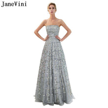 Load image into Gallery viewer, JaneVini Sparkly Grid Sequined Beading Grey Long Bridesmaid Dresses A Line Strapless Tulle Pageant Prom Party Gowns Floor Length - Ole Misc.