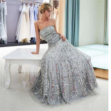 Load image into Gallery viewer, JaneVini Sparkly Grid Sequined Beading Grey Long Bridesmaid Dresses A Line Strapless Tulle Pageant Prom Party Gowns Floor Length - Ole Misc.