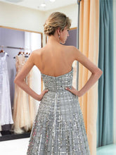 Load image into Gallery viewer, JaneVini Sparkly Grid Sequined Beading Grey Long Bridesmaid Dresses A Line Strapless Tulle Pageant Prom Party Gowns Floor Length - Ole Misc.