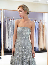 Load image into Gallery viewer, JaneVini Sparkly Grid Sequined Beading Grey Long Bridesmaid Dresses A Line Strapless Tulle Pageant Prom Party Gowns Floor Length - Ole Misc.