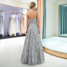 Load image into Gallery viewer, JaneVini Sparkly Grid Sequined Beading Grey Long Bridesmaid Dresses A Line Strapless Tulle Pageant Prom Party Gowns Floor Length - Ole Misc.