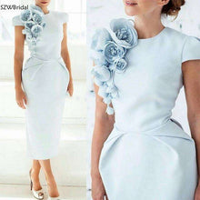Load image into Gallery viewer, New Arrival Cap Sleeves Tea Length Light Blue Women Dress with Flowers Short Sleeves Formal evening dress 2019 Prom party dress - Ole Misc.