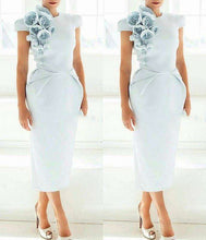 Load image into Gallery viewer, New Arrival Cap Sleeves Tea Length Light Blue Women Dress with Flowers Short Sleeves Formal evening dress 2019 Prom party dress - Ole Misc.