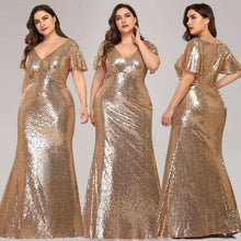 Load image into Gallery viewer, Plus Size Rose Gold Evening Dresses Long Mermaid V Neck Sequined Formal Party Dresses - Ole Misc.