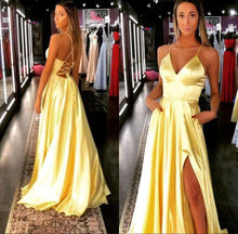 Load image into Gallery viewer, Sexy Slit V Neck Satin Yellow Evening Dresses Long 2019 A Line Cris cross Back Prom Dresses Formal Party Gown Robe de soiree - Ole Misc.