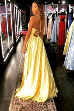 Load image into Gallery viewer, Sexy Slit V Neck Satin Yellow Evening Dresses Long 2019 A Line Cris cross Back Prom Dresses Formal Party Gown Robe de soiree - Ole Misc.