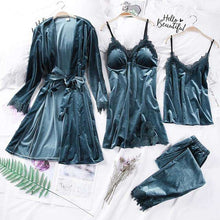 Load image into Gallery viewer, Pajamas Women's Autumn Gold Velvet Four-Piece Suit Long Paragraph Robe Harness Set With Chest Pad Velvet - Ole Misc.