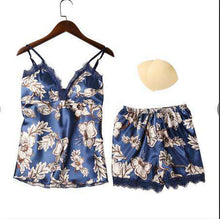Load image into Gallery viewer, QWEEK Sleep Lounge Pajama Set Sexy Satin Sleepwear Women Summer Pyjama Femme Fashion Flower Pajamas for Women with Chest Pad - Ole Misc.