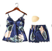 Load image into Gallery viewer, QWEEK Sleep Lounge Pajama Set Sexy Satin Sleepwear Women Summer Pyjama Femme Fashion Flower Pajamas for Women with Chest Pad - Ole Misc.