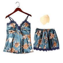 Load image into Gallery viewer, QWEEK Sleep Lounge Pajama Set Sexy Satin Sleepwear Women Summer Pyjama Femme Fashion Flower Pajamas for Women with Chest Pad - Ole Misc.