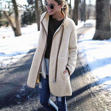Load image into Gallery viewer, Lossky Woolen Blend Women Long Sleeve Stitching Autumn Winter Long Coat Turtleneck Zipper Warm Plush Outwear Streetwear Feminino - Ole Misc.