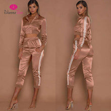 Load image into Gallery viewer, WannaThis Autumn Winter Satin Sets Women Zipper Side Stripe Crop Tops Drawstring Calf Length Pants Sexy Workout Tracksuits - Ole Misc.