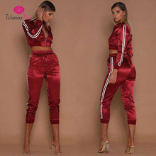 Load image into Gallery viewer, WannaThis Autumn Winter Satin Sets Women Zipper Side Stripe Crop Tops Drawstring Calf Length Pants Sexy Workout Tracksuits - Ole Misc.