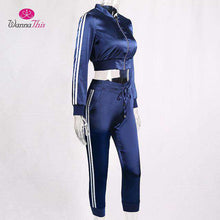 Load image into Gallery viewer, WannaThis Autumn Winter Satin Sets Women Zipper Side Stripe Crop Tops Drawstring Calf Length Pants Sexy Workout Tracksuits - Ole Misc.