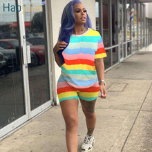 Load image into Gallery viewer, HAOYUAN Rainbow Striped Plus Size Two Piece Set Tracksuit Women Sexy Top+Biker Shorts Sweat Suits 2 Piece Outfits Matching Sets - Ole Misc.