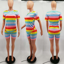 Load image into Gallery viewer, HAOYUAN Rainbow Striped Plus Size Two Piece Set Tracksuit Women Sexy Top+Biker Shorts Sweat Suits 2 Piece Outfits Matching Sets - Ole Misc.