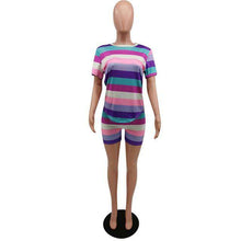 Load image into Gallery viewer, HAOYUAN Rainbow Striped Plus Size Two Piece Set Tracksuit Women Sexy Top+Biker Shorts Sweat Suits 2 Piece Outfits Matching Sets - Ole Misc.