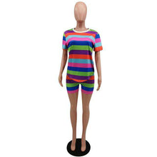 Load image into Gallery viewer, HAOYUAN Rainbow Striped Plus Size Two Piece Set Tracksuit Women Sexy Top+Biker Shorts Sweat Suits 2 Piece Outfits Matching Sets - Ole Misc.