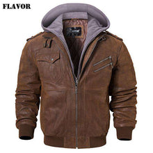 Load image into Gallery viewer, Men's Real Leather Jacket Men Motorcycle Removable Hood winter coat - Ole Misc.