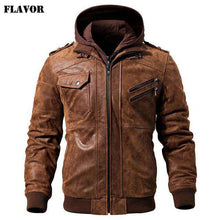Load image into Gallery viewer, Men's Real Leather Jacket Men Motorcycle Removable Hood winter coat - Ole Misc.