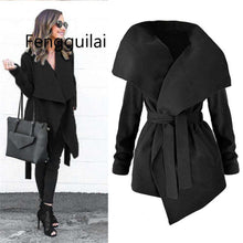 Load image into Gallery viewer, FENGGUILAI Winter Coats Women Autumn Woolen Blend Fashion Lapel Jackets Sexy Belt Lace-up Solid Casual Slim Overcoats Female - Ole Misc.