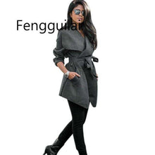 Load image into Gallery viewer, FENGGUILAI Winter Coats Women Autumn Woolen Blend Fashion Lapel Jackets Sexy Belt Lace-up Solid Casual Slim Overcoats Female - Ole Misc.