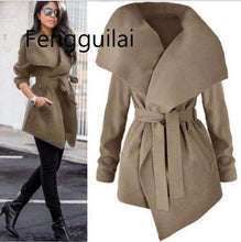 Load image into Gallery viewer, FENGGUILAI Winter Coats Women Autumn Woolen Blend Fashion Lapel Jackets Sexy Belt Lace-up Solid Casual Slim Overcoats Female - Ole Misc.